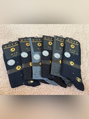 Bundle of six Roff Men’s Crew dress Socks - Black, Gray and navy  (6-Pack)